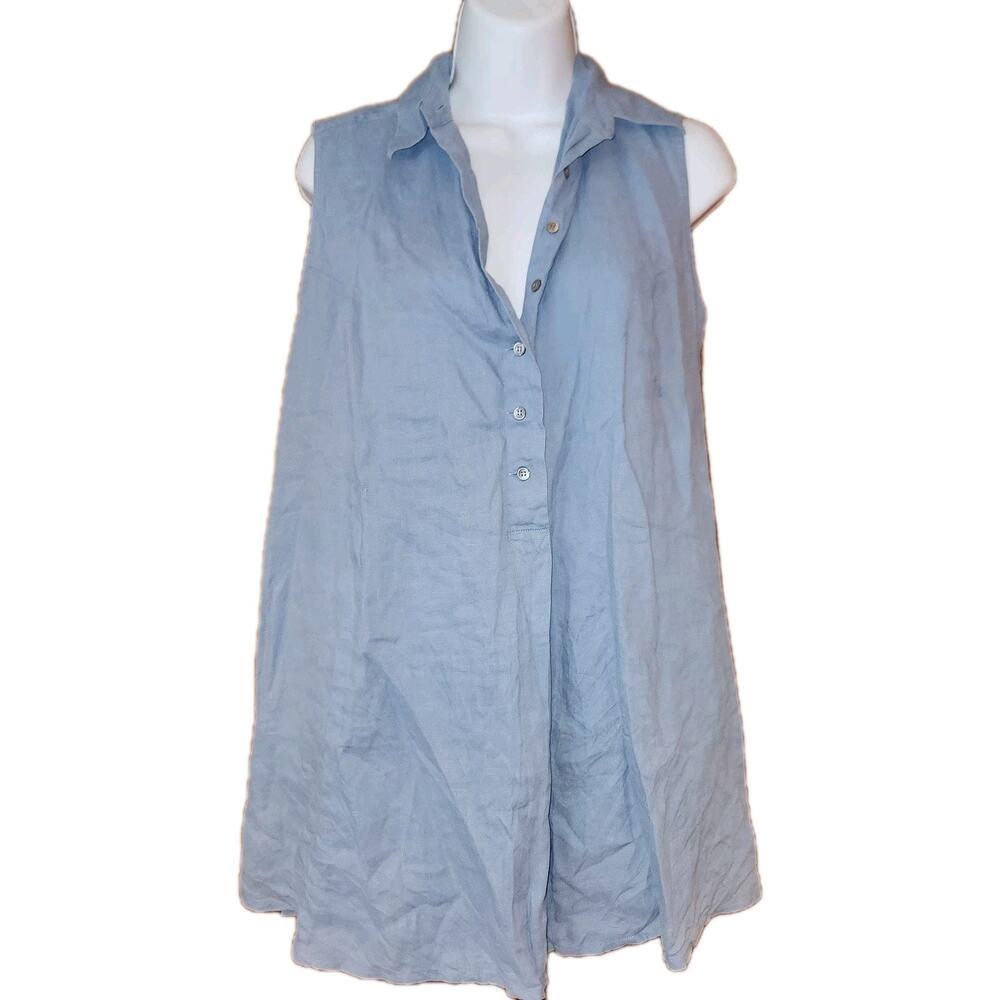 Vintage Barney's New York Sleeveless Blue Linen Button Up Sz‎ M (Made In Italy)